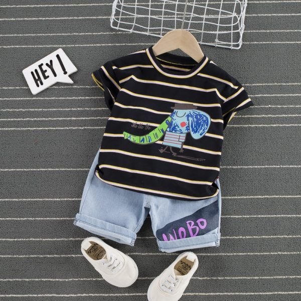 Baby Casual Cartoon Print Striped Short-sleeve Tee